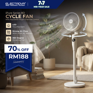 Electrova iPure 8D Cycle Fan | Adjustable Height | 360 Rotating | Quiet | Touch Control & Remote
