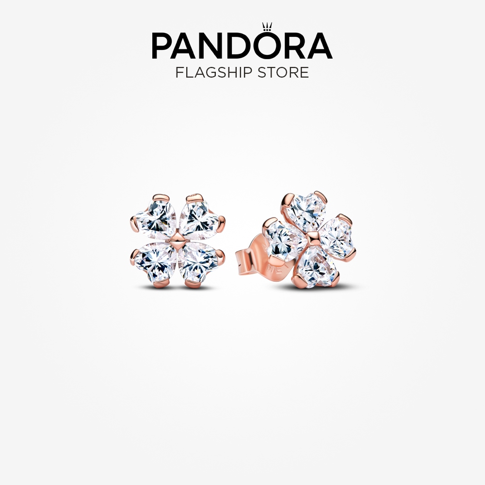 Pandora 14K ต่างหูสตั๊ด Lucky Clover ชุบทองกุหลาบประกาย