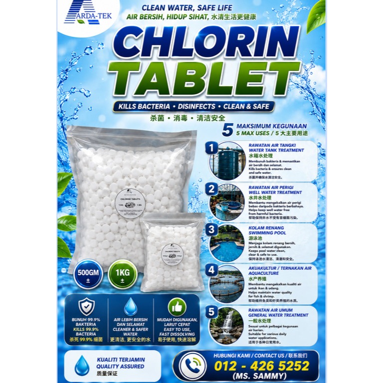 [500GM] แท็บเล็ตคลอรีน / แท็บเล็ต Klorin TCCA 90% สําหรับสระว่ายน้ํา