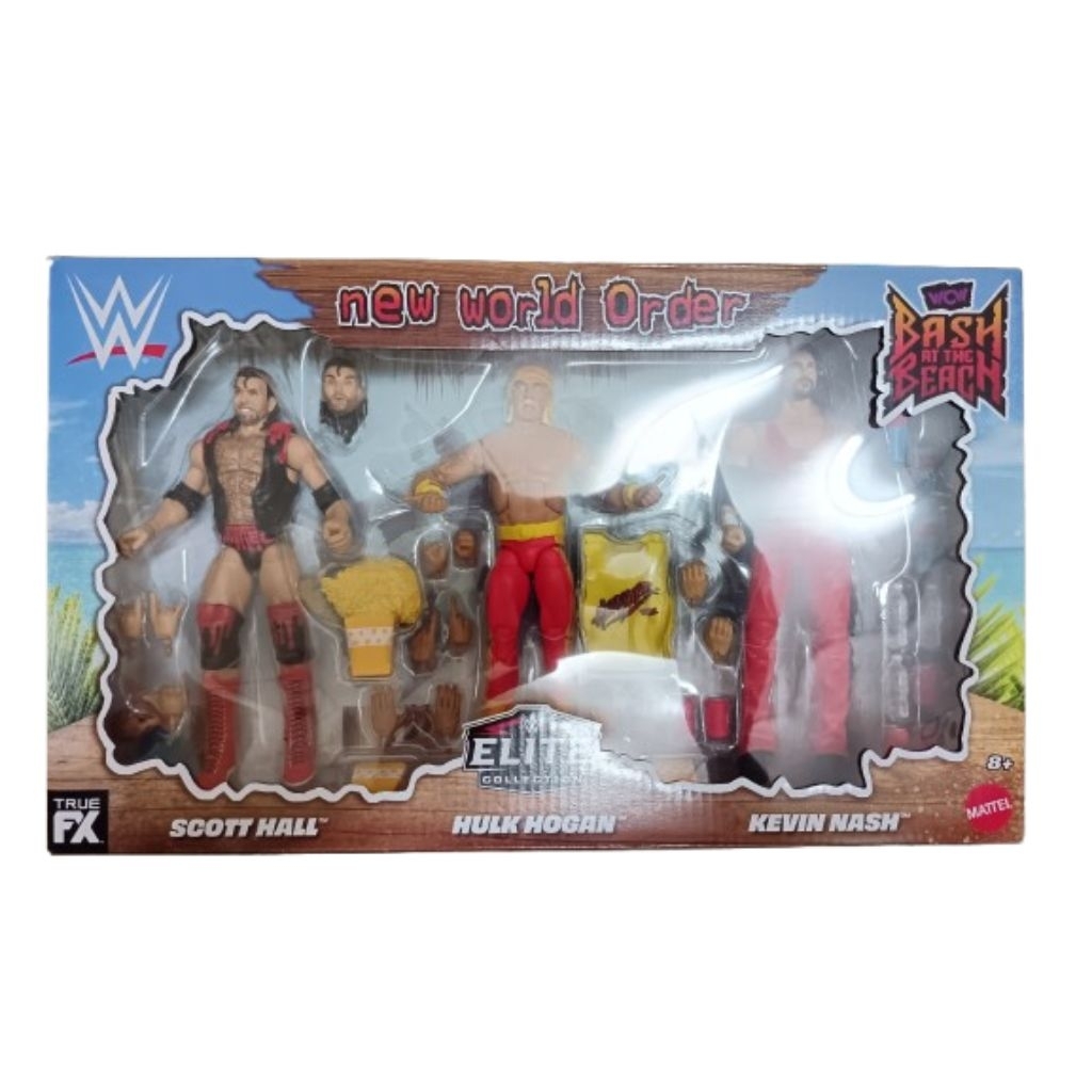(กล่องความเสียหาย) Mattel WWE Bash at The Beach Hulk Hogan Scott Hall Kevin Nash 3-Pack Wrestling Ac