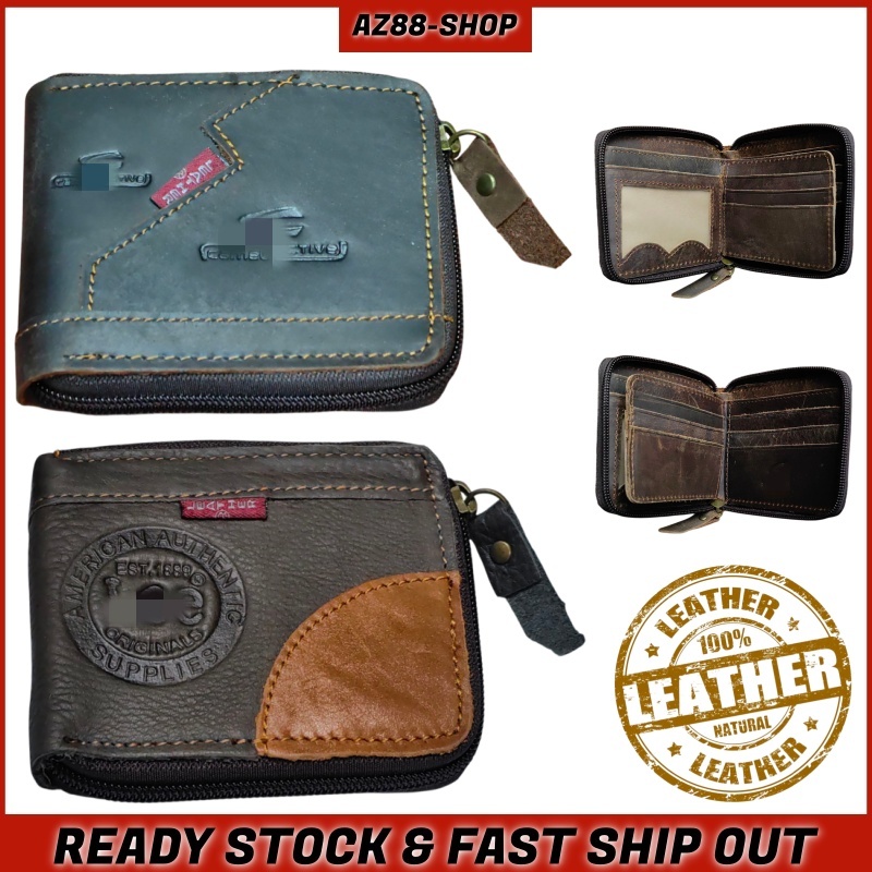 100% Upper leather short wallet men BEG DUIT LELAKI KULIT LEMBU DOMPET PENDEK ZIP ZIP ZIP ZIPPER SHO