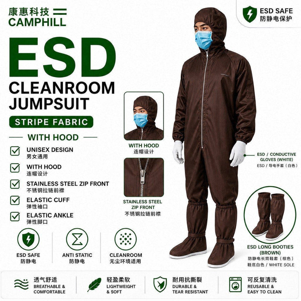 ESD Jumpsuit Headcover Cleanroom Workwear Lab ชุดรอบคอลายซิปประเภท Unisex สีน้ําตาล Exclude รองเท้า