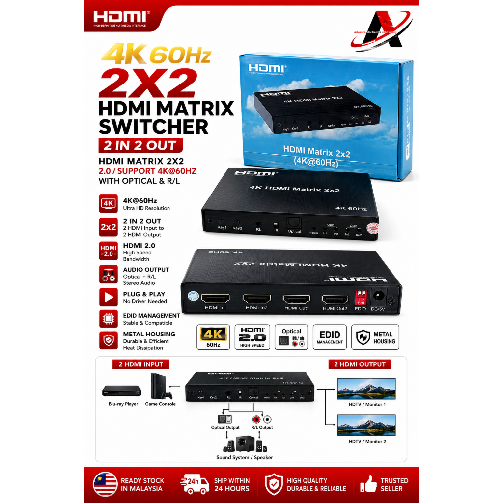 4K 60HZ 2X2 สวิตช์ HDMI MATRIX 2 IN 2 OUT : HDMI MATRIX 2X2 2.0/SUPPORT 4K@60HZ พร้อม OPTICAL & R/L 
