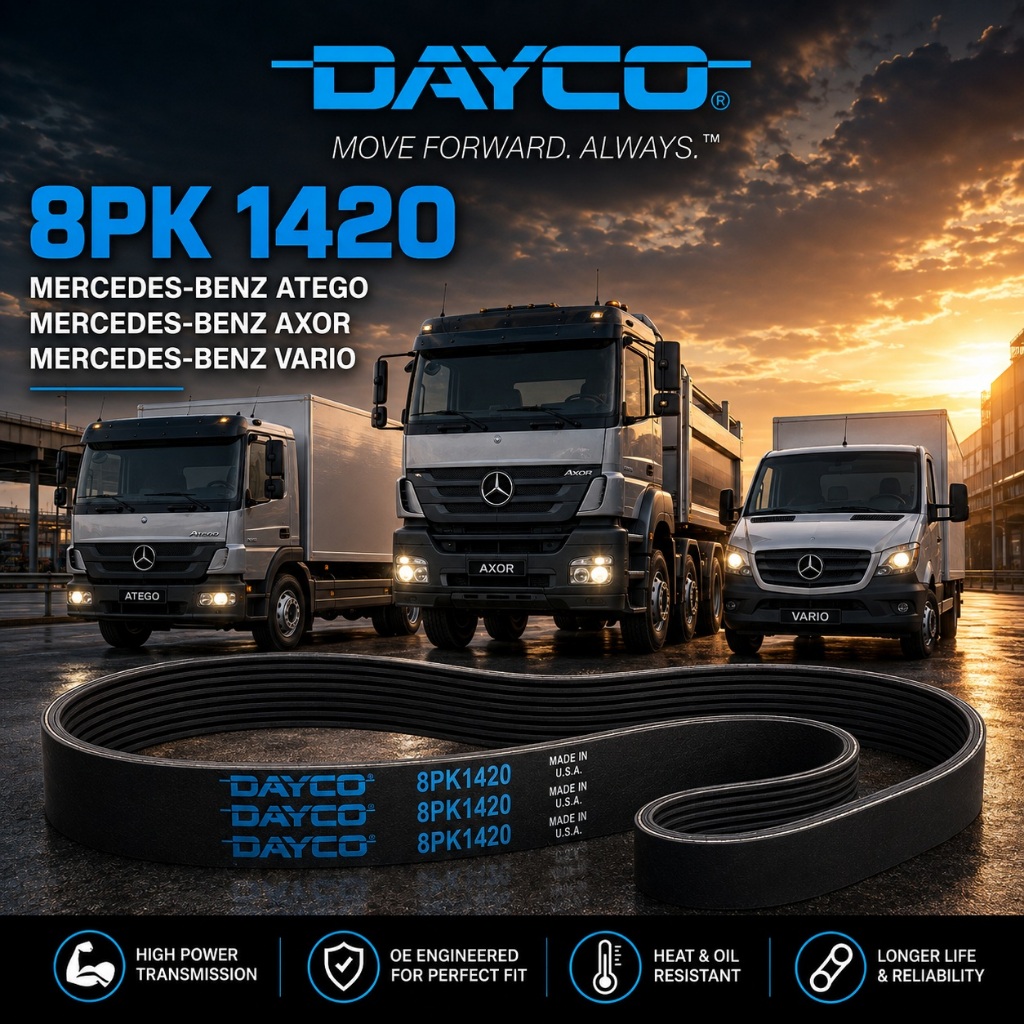 MERCEDES BENZ ATEGO AXOR VARIO ECONIC FORD CARGO CUMMINS DAYCO พัดลมเข็มขัดเข็มขัดเข็มขัด 8PK1420 / 