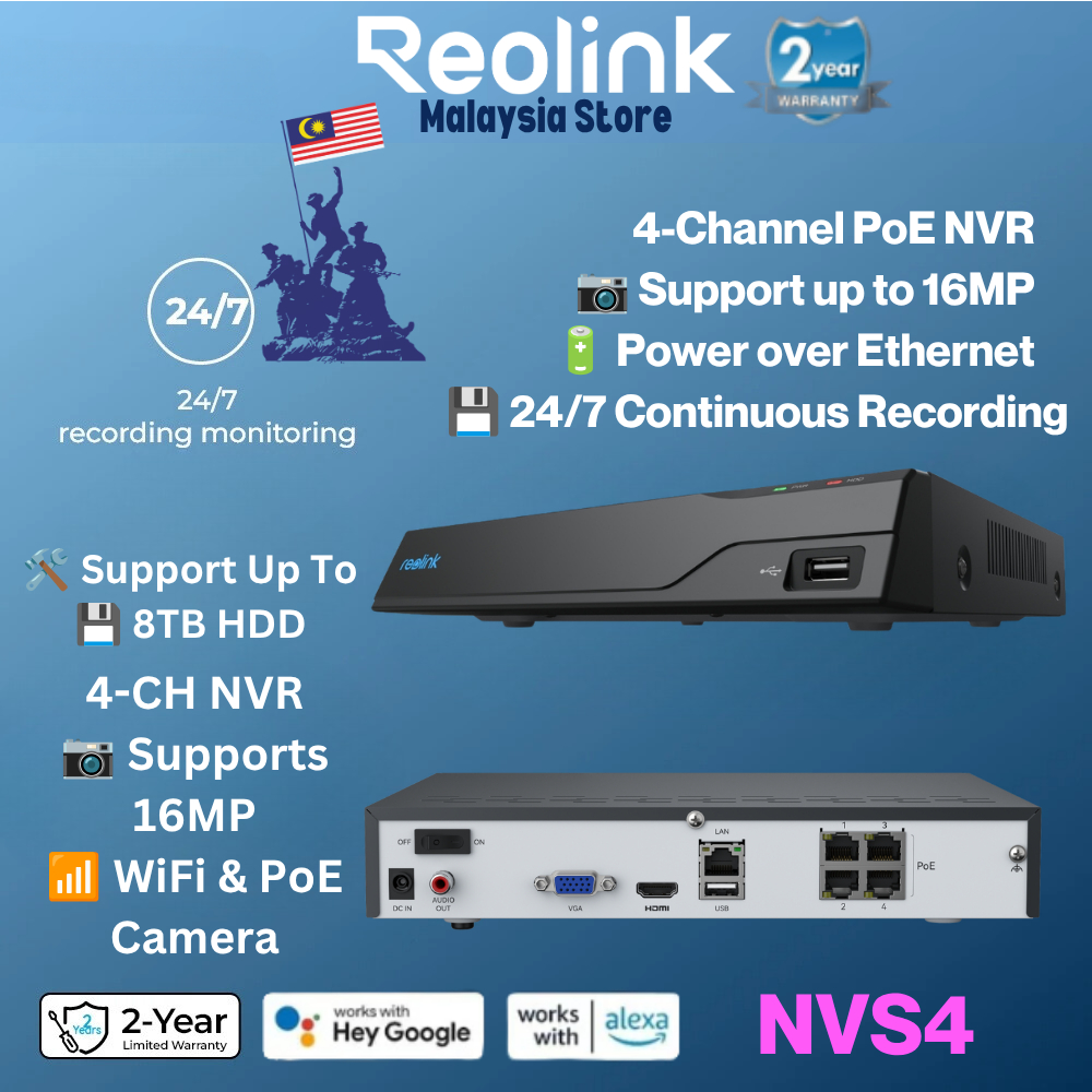 Reolink NVR 4CH NVS4 16MP/12MP/8MP/5MP PoE/WiFi กล้อง 24/7 บันทึก