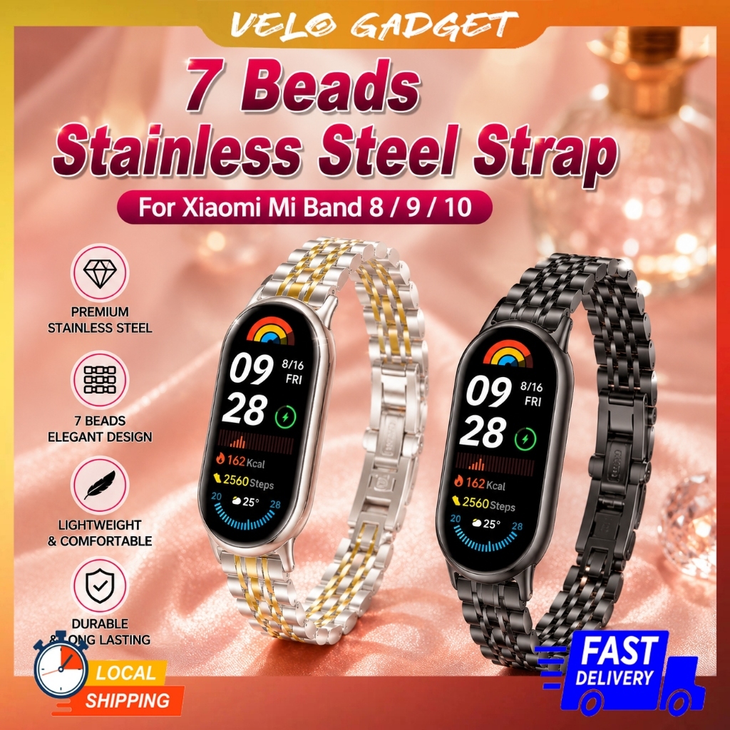 Slim 7 ลูกปัดสายสแตนเลสสําหรับ Xiaomi Mi Band 8 / 9 / 10 Tali Jam Adjustable Tahan Karat 7 Manik