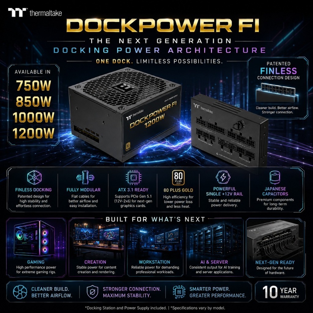 Thermaltake Dockpower FI Fully Modular 80 Plus Gold PSU 750W / 850W / 1000W / 1200W สีดํา