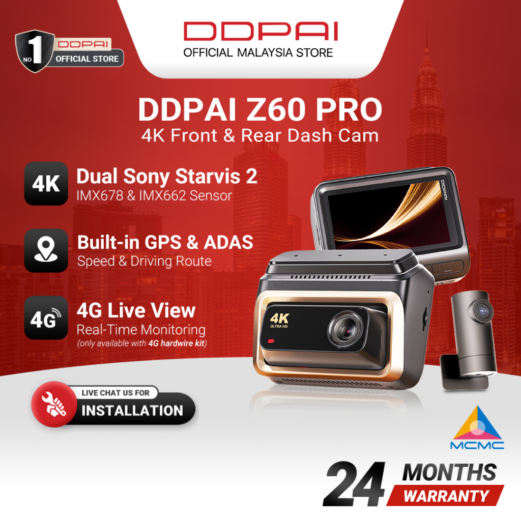 DDPAI Z60 Pro 4K HDR Dual Sony Starvis 2 ด้านหน้าและด้านหลัง Super Capacitor GPS Dash Cam พร้อมการเช