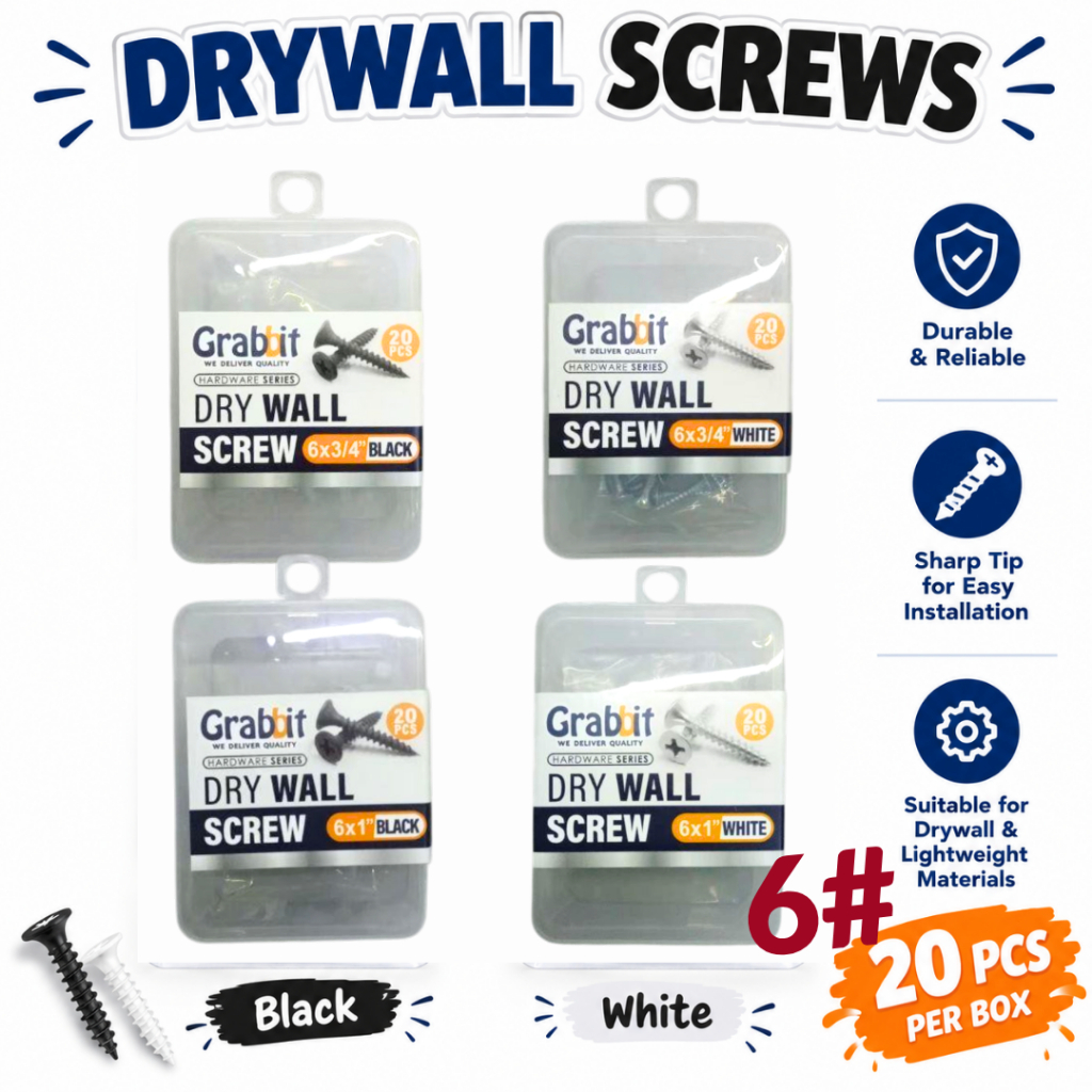Grabbit Drywall Screw 6 20 ชิ้นต่อกล่อง สีดําหรือเงินสําหรับวัสดุน้ําหนักเบา Drywall
