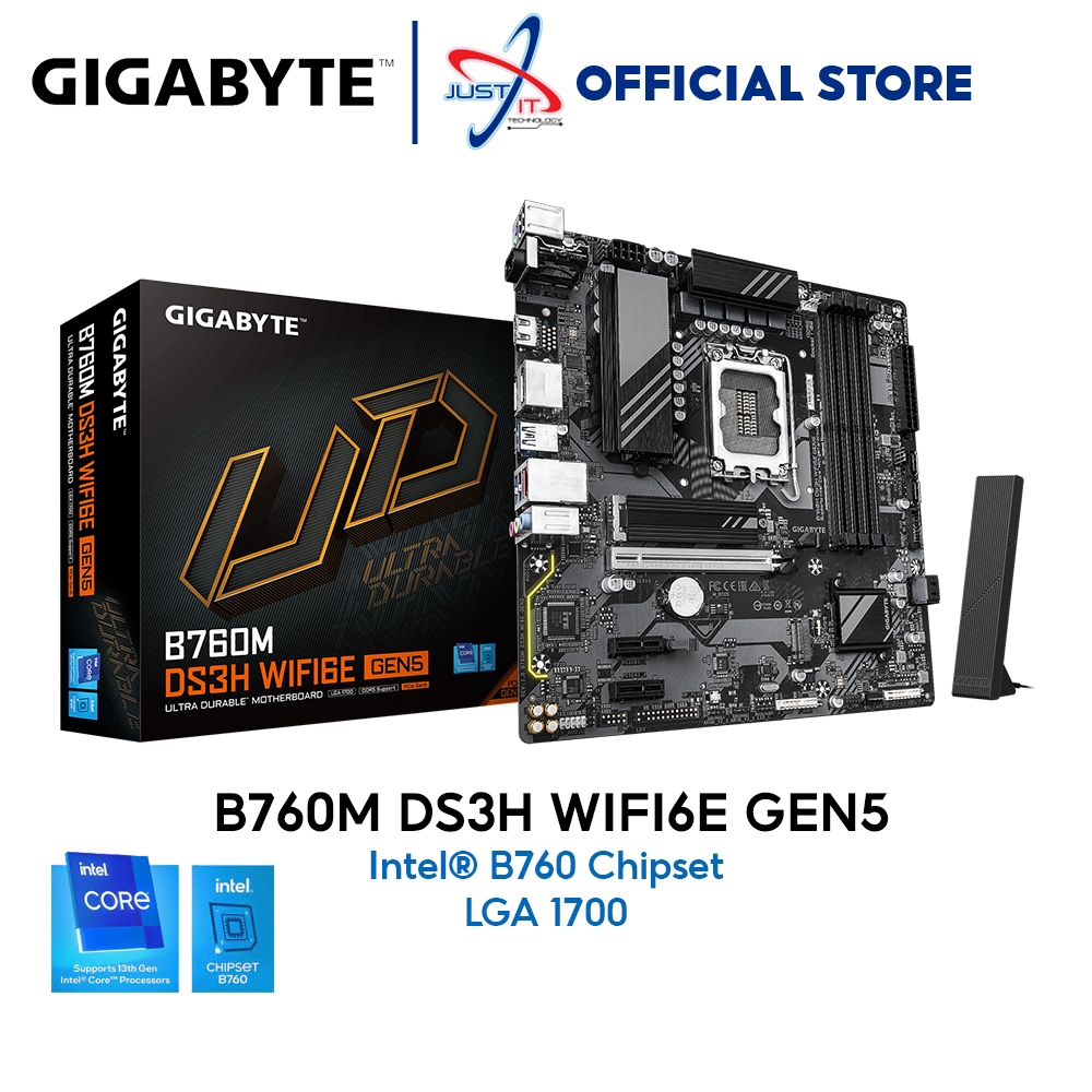 GIGABYTE B760M DS3H WIFI6E GEN5 DDR4 LGA1700 เมนบอร์ด Intel I3-13100 / I5-12400 / 14400F / 14400 / I