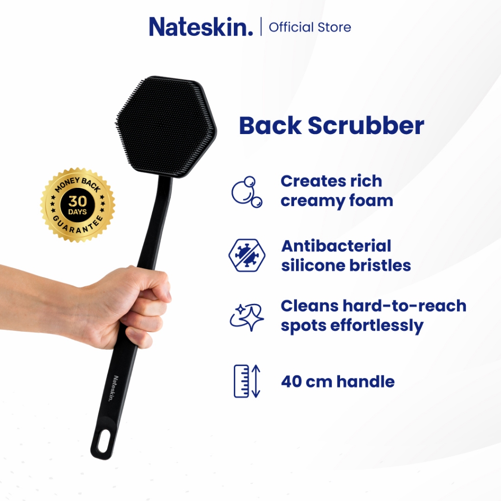 Nateskin Back Scrubber: ด้ามยาว 40 ซม. แปรงขัดผิวซิลิโคน Gentle Deep Clean Anti-Bacterial Lather Boosting