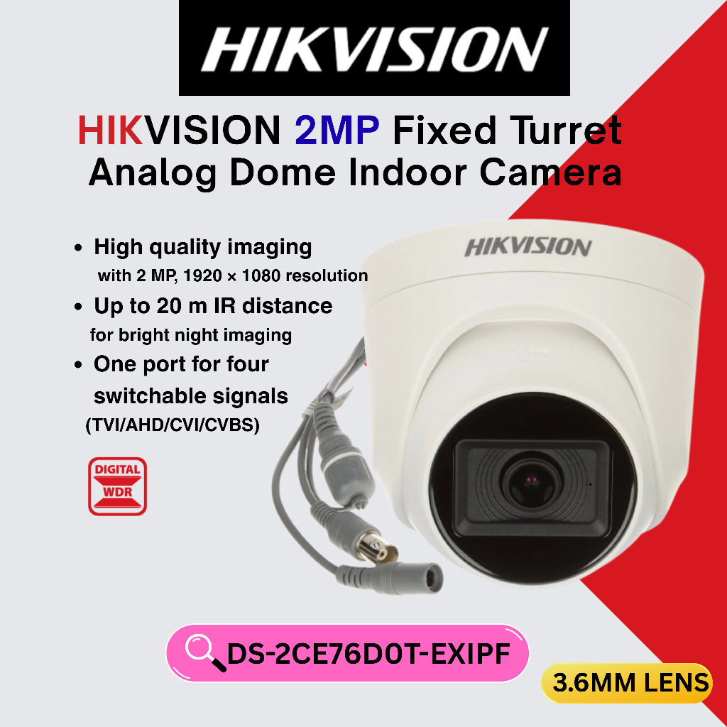 HIKVISION กล้องวงจรปิด 2MP กล้องโดมภายในอาคาร TVI/AHD/CVI/CVBS DS-2CE76D0T-EXIPF (3.6mm)