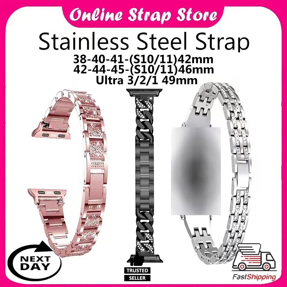 สายสแตนเลสประดับเพชรสําหรับ iWatch 38-40-41-(S10/11)42mm / 42-44-45-(S10/11)46mm / Ultra/Ultra 2/3 4