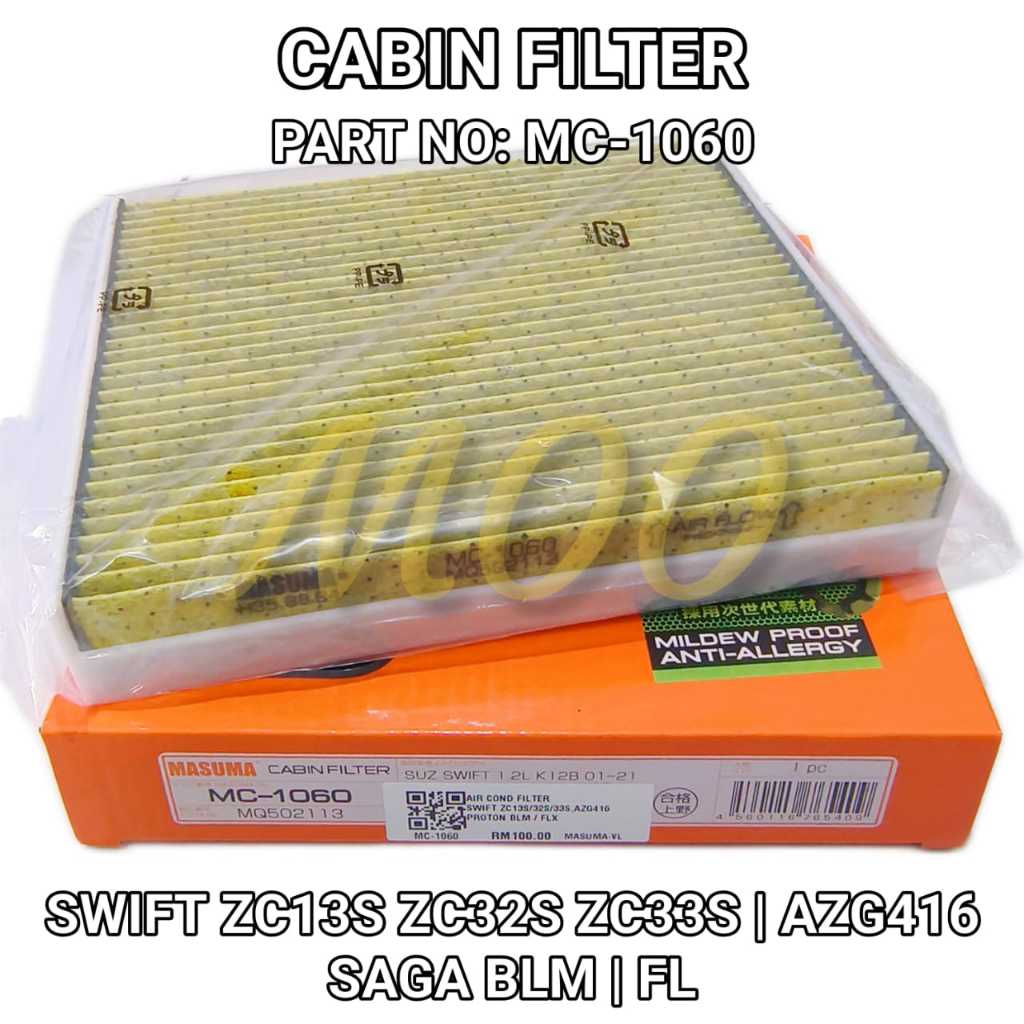 MASUMA CABIN FILTER AIR COND FILTER MC-1060 (MQ502113) SWIFT ZC13S ZC32S ZC33S, AZG416, BLM, FLX