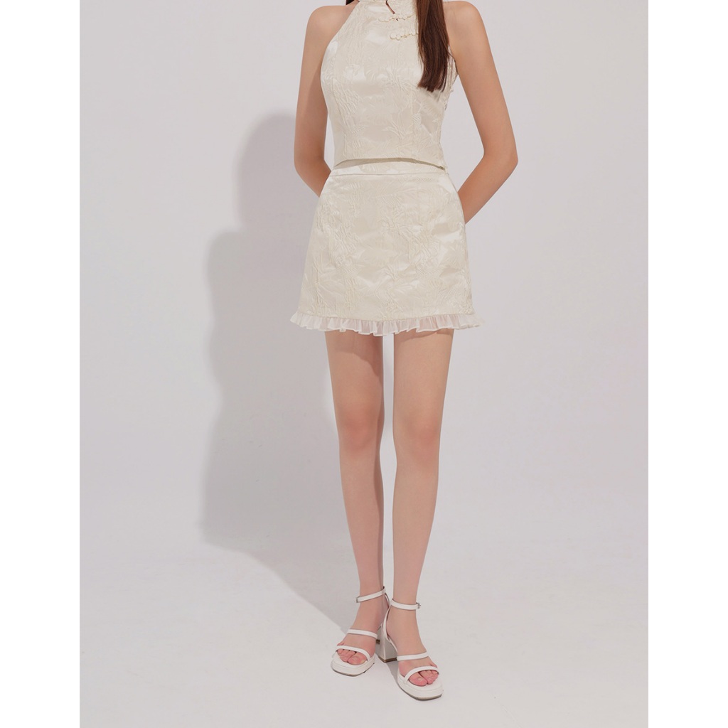 Qipao กระโปรงดอกไม้ Jacquard Design Cheongsam Qipao กระโปรงมินิพร้อม Ruffle Hem