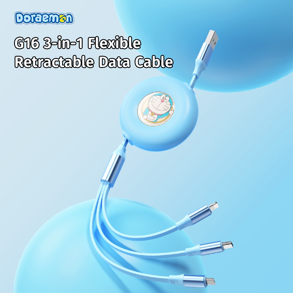 [1M] ROCK DORAEMON G16 3 IN 1 FLEXIBLE RETRACTABLE DATA CABLE 3.5A FAST CHARGING EASY STORE