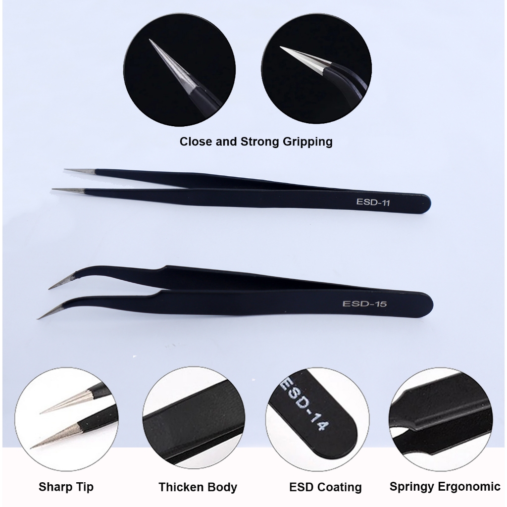Tweezer ESD สแตนเลส 14 ซม.ยาว Tweezer Sharp Curve ตรง Anti-Static ESD ฟรี Tweezer Handling Aids Twee