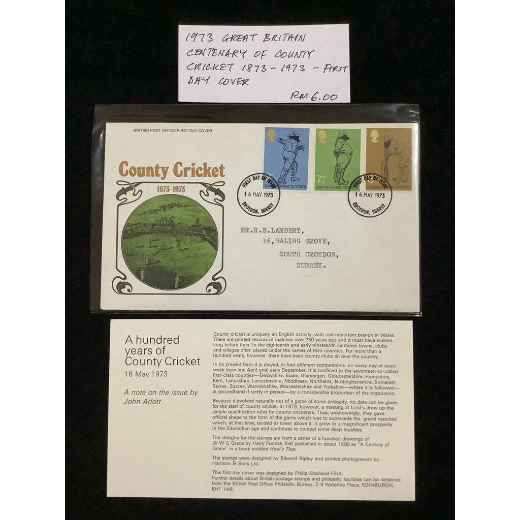 1973 Great Brittain Centenary Of County คริกเก็ต 1873-1973 ปกวันแรก