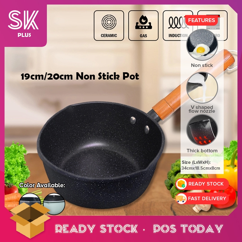 SKPLUS Maifan Stone กระทะไม่ติด หม้อนมบะหมี่กึ่งสําเร็จรูป หม้อซุปด้ามไม้