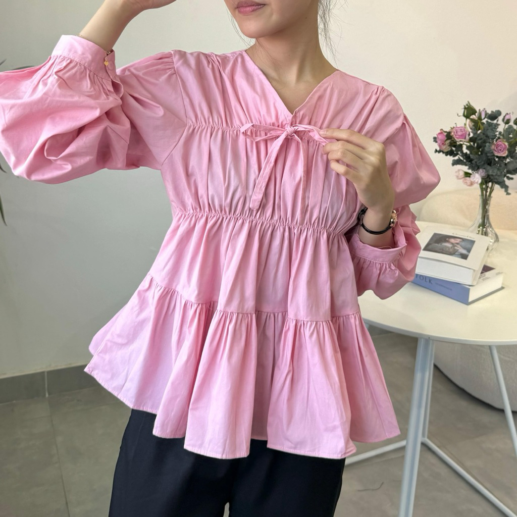 เสื้อเบลาส์ Suzy Ballon แขนยาว Kemeja เสื้อ Ruffle suzy lengan panjang