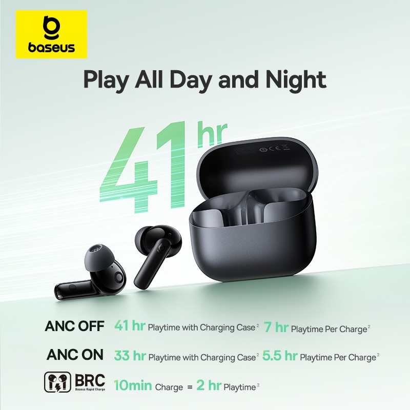 Baseus Bass BP1 NC หูฟัง True Wireless แบบ In-Ear ตัดเสียงรบกวน -43dB เล่นได้นาน 41 ชม. Bluetooth 6.0 กันน้ำ IP55 ไมค์ 4 ตัว AI ENC