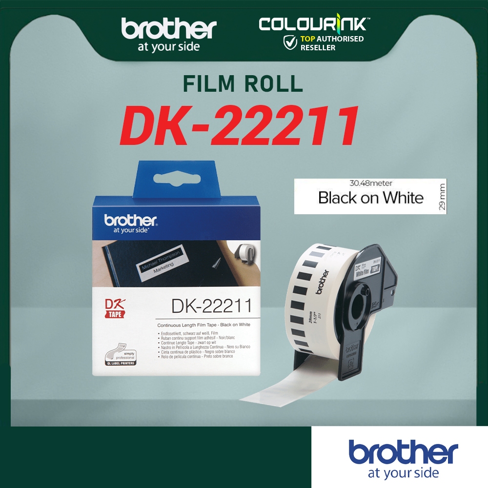 Brother ความยาวต่อเนื่องเทปฟิล์ม DK-22211 29 มม.สีดําบนสติกเกอร์ฉลากสีขาว QL700 QL720 QL800 QL820NWB