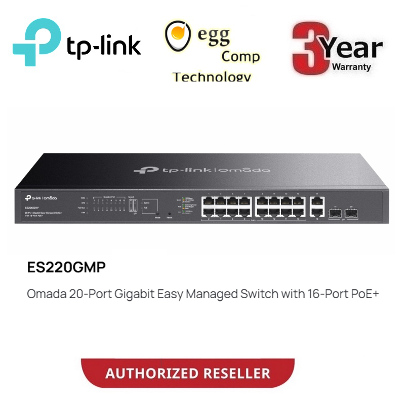 TP-LINK OMADA ES220GMP 20-PORT GIGABIT EASY MANAGED SWITCH 16X POE+ 250W BUDGET 2XSFP UP TO 250M CLO