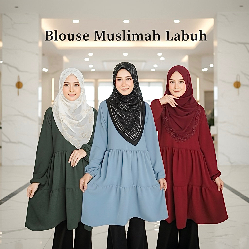 SARAH BLOUSE RUFFLE LABUH MUSLIMAH Ada Zip Depan ironless ไซส์ S-7XL