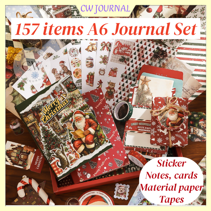 CW Journal Merry Chritmas A6 Notebook Journal Set Box พร้อมภาพประกอบ วัสดุตกแต่ง