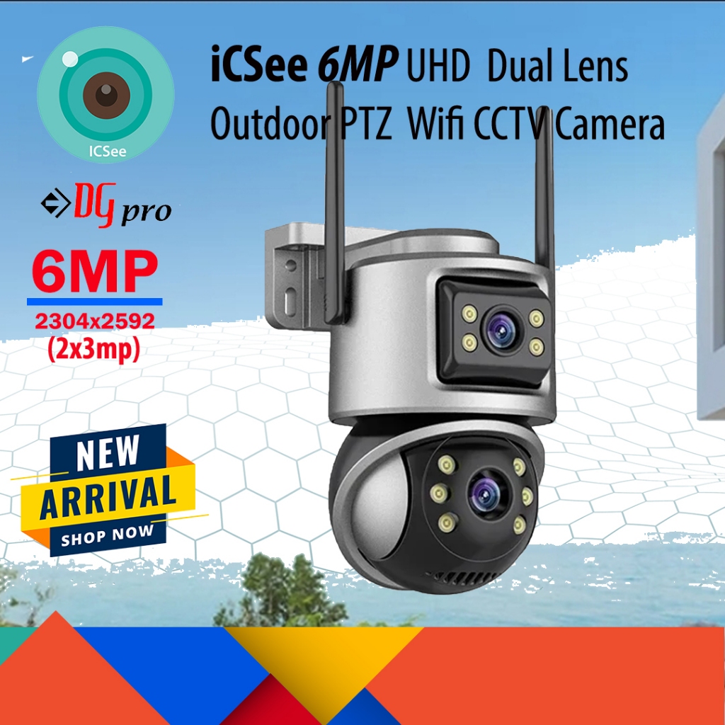 [มาใหม่] iCSee 6MP Dual Lens / Dual Screen Weatherproof Outdoor PTZ Wireless WIfi CCTV Camera - สีเท