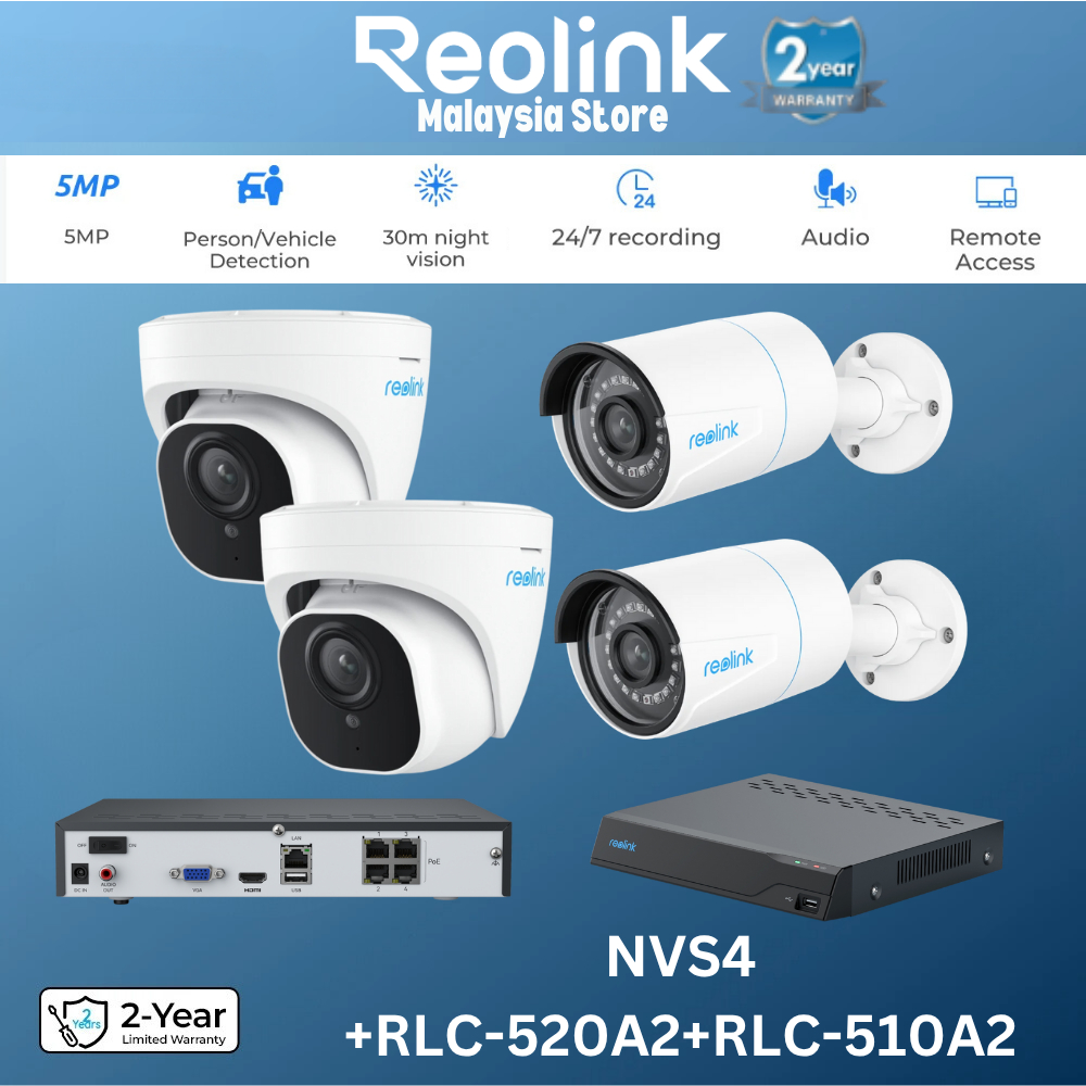 Reolink RLC-520A RLC-510A กล้อง Human Car Detection 4ch PoE NVR NVS4 & 4 PoE กล้อง IP กลางแจ้งการเฝ้