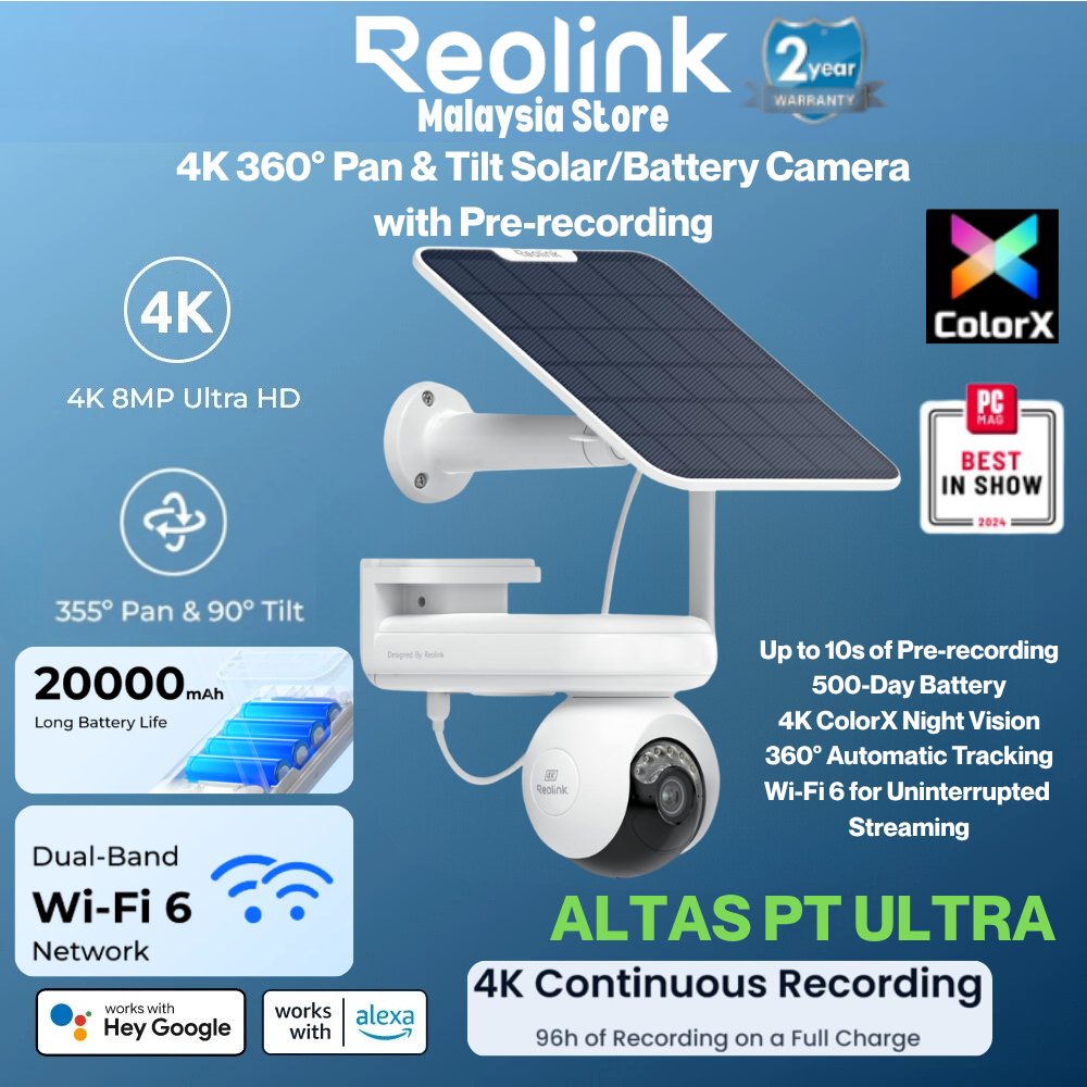 Reolink Altas PT Ultra 4K WiFi 6 แบตเตอรี่การบันทึกต่อเนื่องไร้สายกลางแจ้ง 360° 10s Pre-Record Color