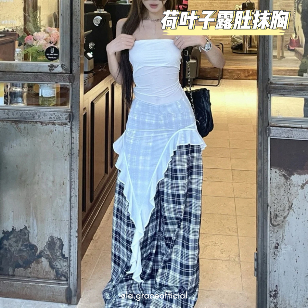 LA.GRACE OFFICIAL Korean Ruffle Tube Top/ Strapless Layered Crop Top/Sweet K-Style Bandeau/Elegant R