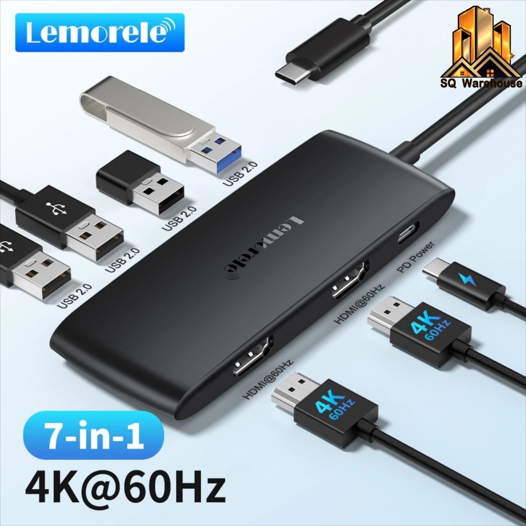 TC510 Lemorele 7-in-1 docking station USB hub dual HDMI 4K 60hz เอาต์พุต USB A 3.0/PD 100W รองรับ Wi