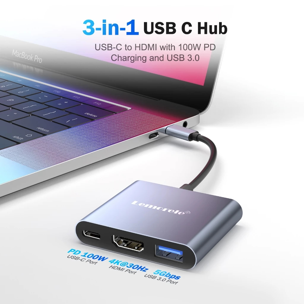 อะแดปเตอร์ Lemorele TC33 USB-C 3-in-1 พร้อมพอร์ตข้อมูล HDMI 4K30Hz พอร์ต USB-A 5Gbps และการชาร์จ PD 