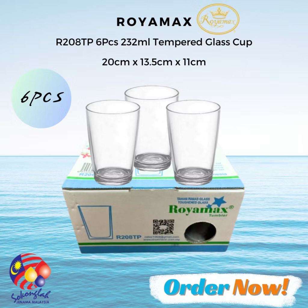 [6 ชิ้น/เซ็ต]ROYAMAX Gelas Air Tumbler Highball Glass 8oz (232ml)R208TP Cawan Kaca Set 6pcs Catering