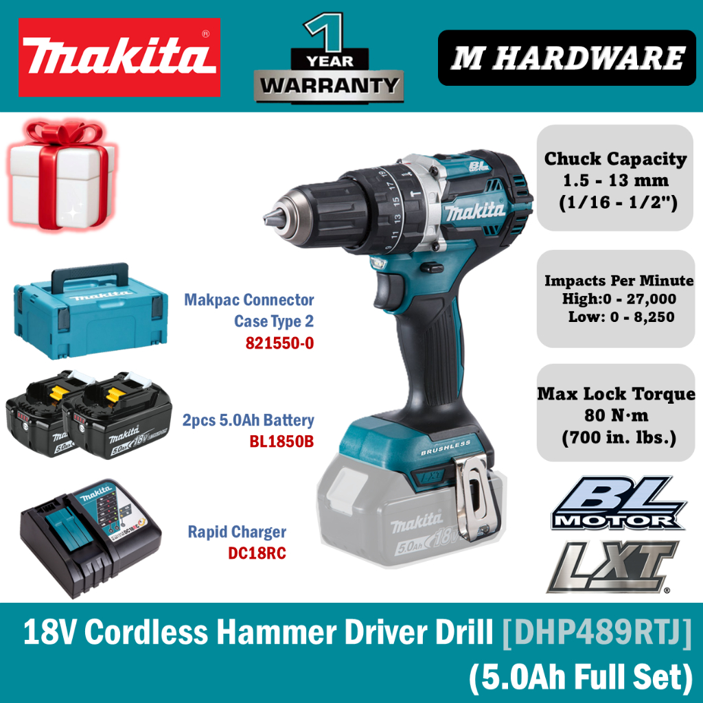 MAKITA สว่านไดร์เวอร์ค้อนไร้สาย 18V 13 mm (1/2") DHP489RTJ / DHP489Z / DHP489