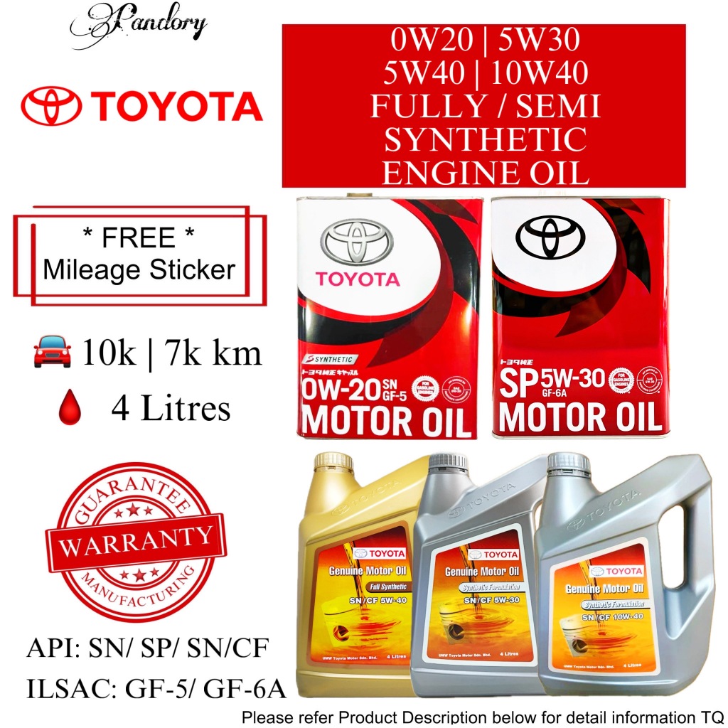 MINYAK HITAM ENJIN TOYOTA ENGINE OIL (0W20)(5W30)(5W40)(10W40) API SN SN/CF/ GF-5 GF-6A/ FULLY SEMI 