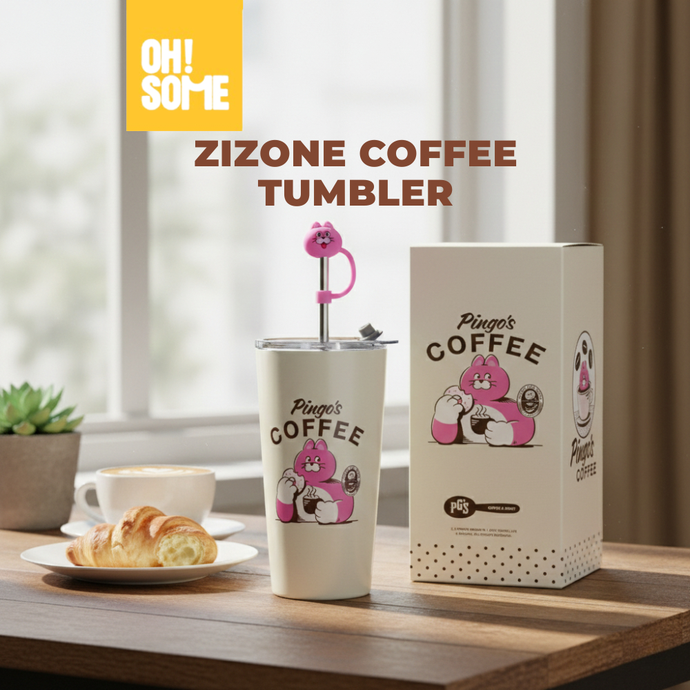OHSOME x Zizone- แก้วกาแฟหุ้มฉนวนสแตนเลสพร้อมฝาปิดฟางและฟาง 580ml