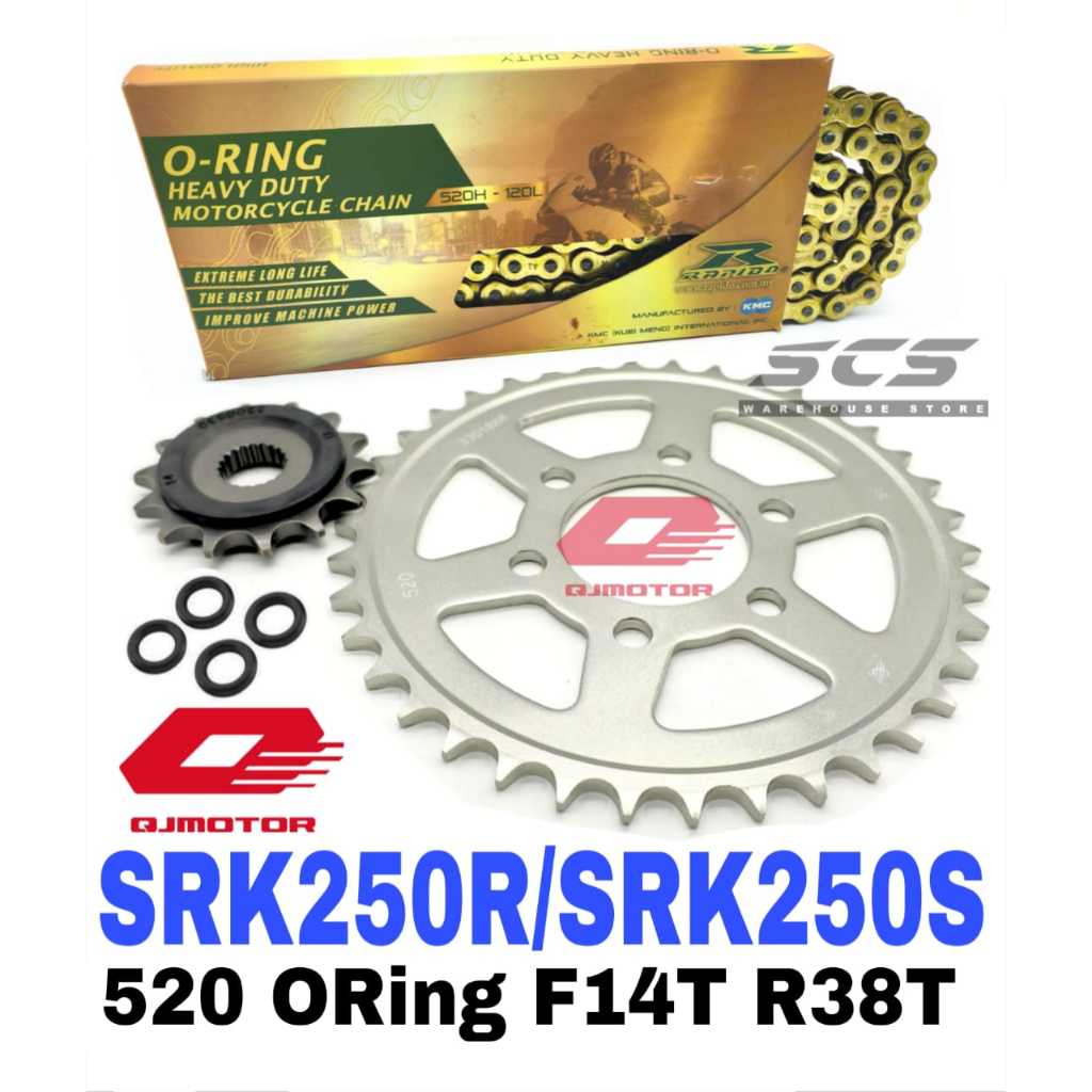 ชุดเฟือง RAPIDO QJ MOTOR SRK250S SRK250R 520 RAPIDO O-Ring Gold Chain 14T-38T Rantai Emas ORING O แห