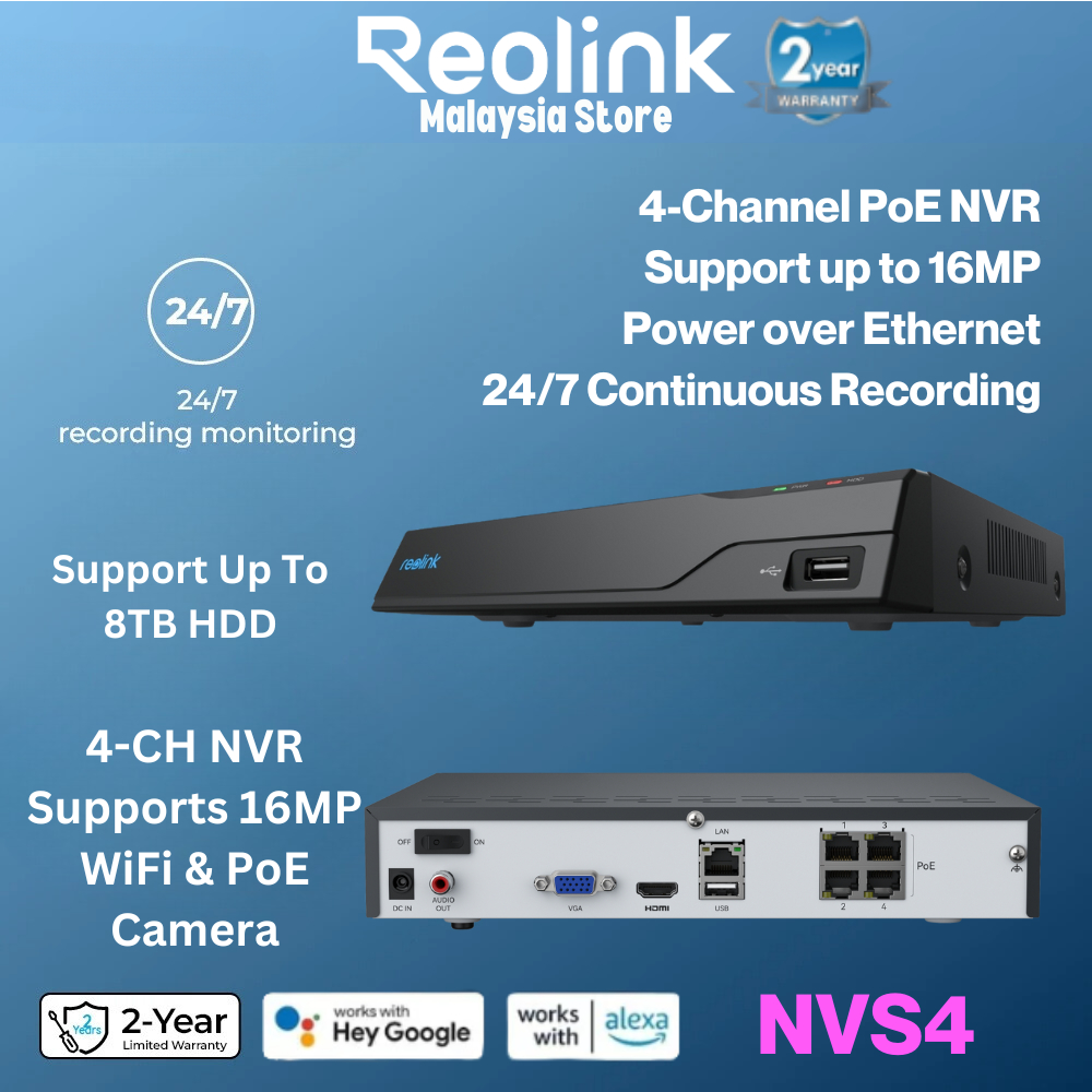 Reolink NVR 4CH NVS4 16MP/12MP/8MP/5MP PoE/WiFi กล้อง 24/7 บันทึก