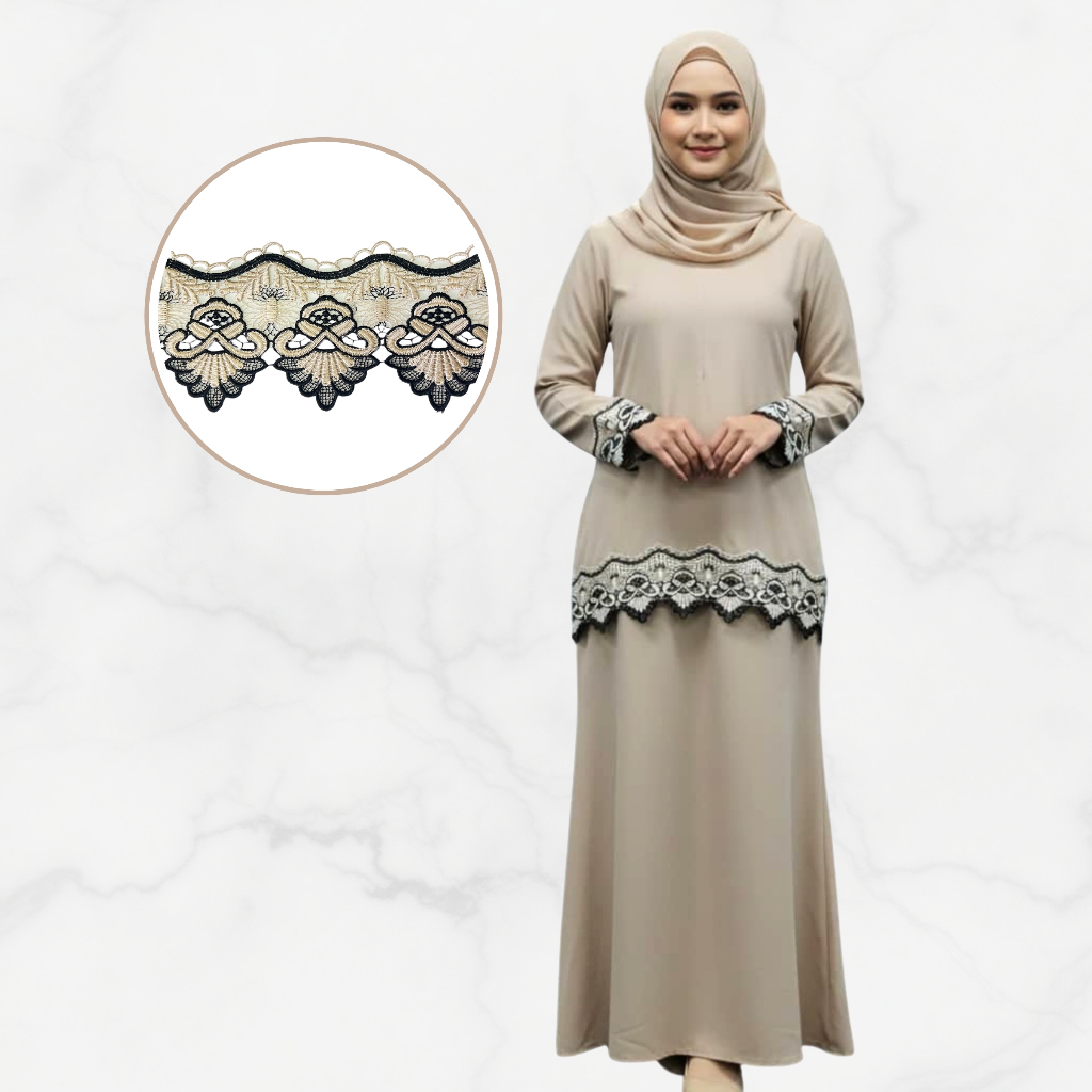 Baju Raya Lace Collection Muslimah สวม Baju Kurung Lace Front Zip Kain A-Cut - Cempaka Lace