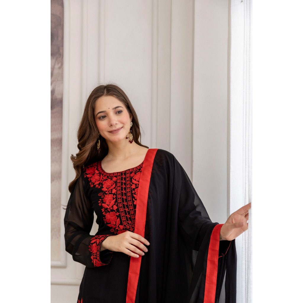 S - 2XL CORAL BELLS เย็บปักถักร้อยที่สวยงาม Georgette Kurtis กางเกงและชุด Duptata สําหรับผู้หญิง