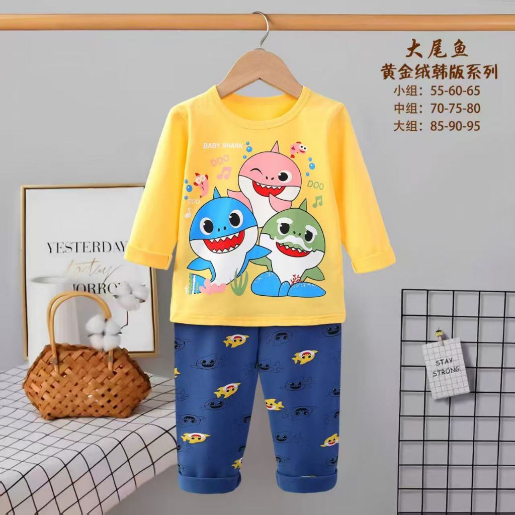 QPyjamas สไตล์เกาหลีเกาหลีวัสดุสีชมพูสีฟ้าสีเหลือง Baby Doo Shark ชุดนอนชุดนอนชุด