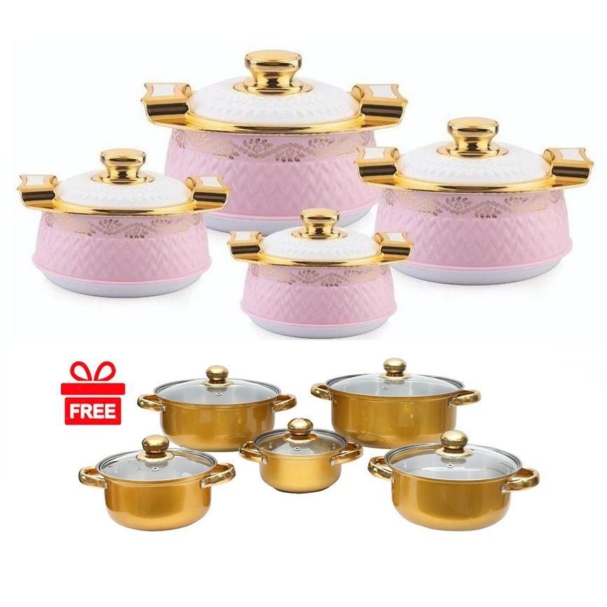 Fabiaan ชุดหม้อฉนวนความร้อนพร้อมฝาปิด (4 ชิ้น) - Glanza Gold Pink [ฟรีหม้อตุ๋น S/S พร้อมฝาปิด (5 ชิ้