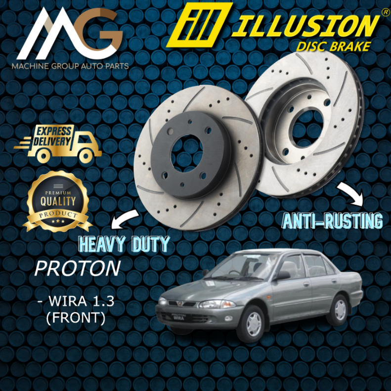 Illusion Proton Wira 1.3 ด้านหน้า (FW) (Depan) ดิสก์เบรกโรเตอร์และผ้าเบรค Sport Slotted เจาะป้องกันส