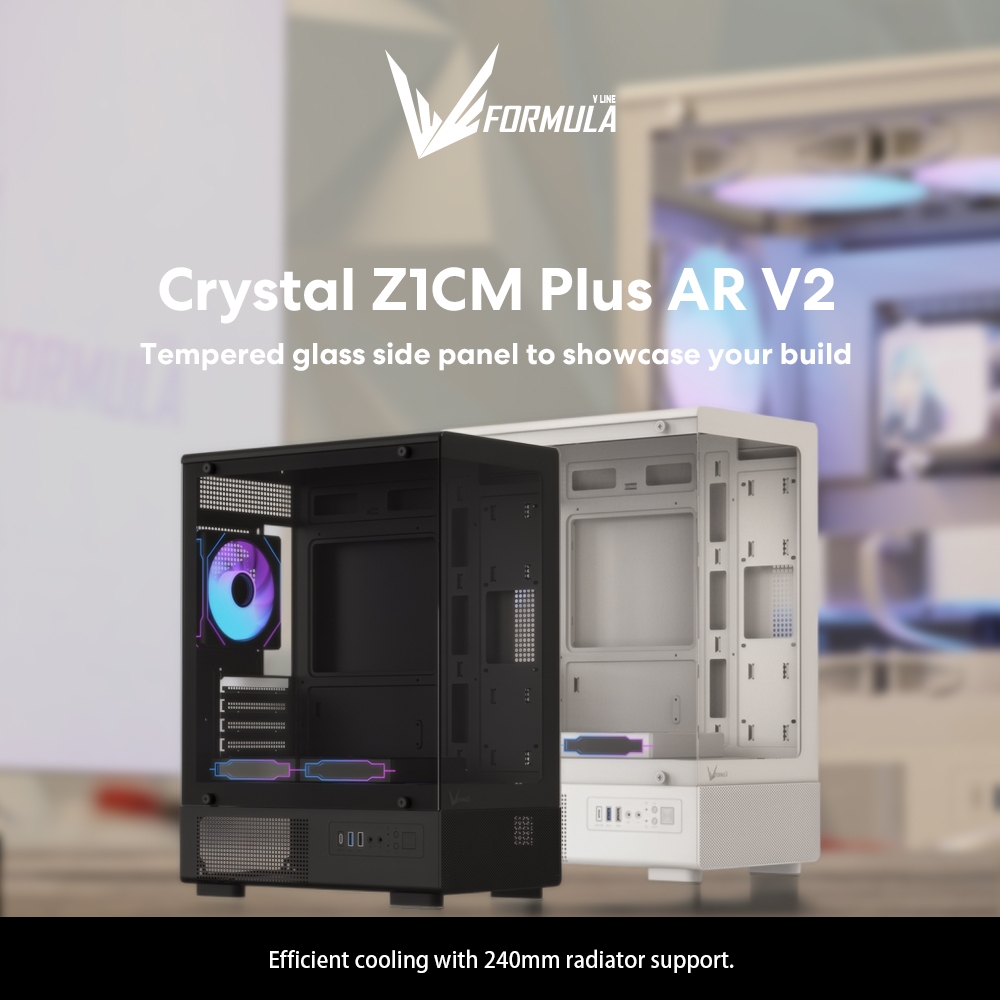 FORMULA V LINE Crystal Z1CM Plus AR V2 mATX TG PC Case พร้อมพัดลม ARGB 3x120 มม. ติดตั้งล่วงหน้าสีดํ