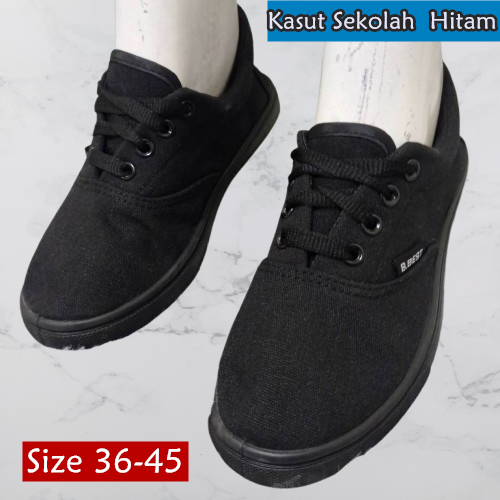 B.Best H&H (BT2) Kasut Sekolah Hitam Bertali Separuh Full Set Size 36-45 School Black Shoes วัสดุผ้า