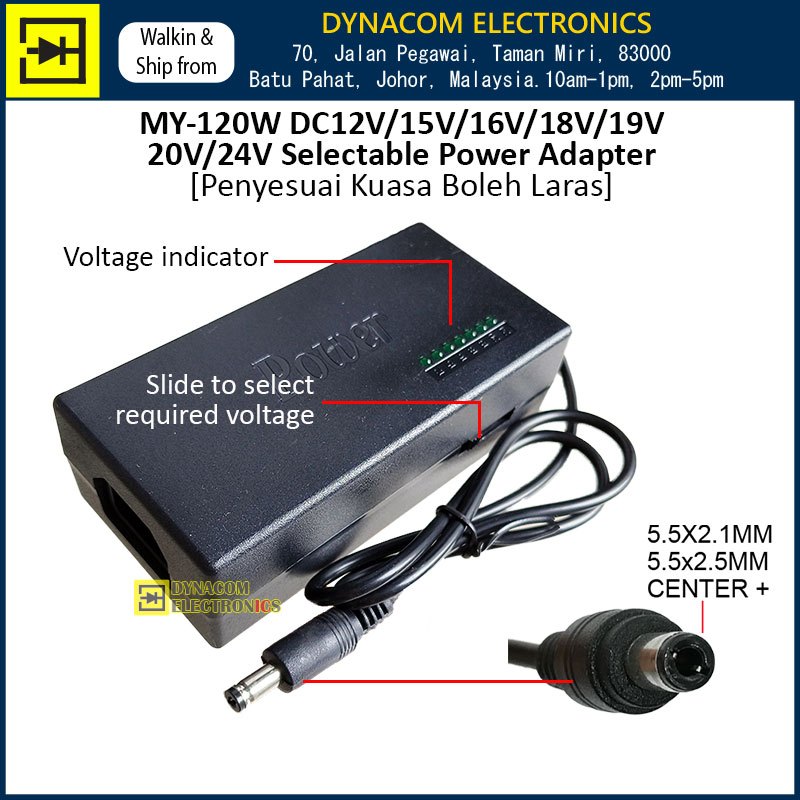 MY-120W DC 12V/15V/16V/18V/19V/20V/24V Selectable Power Adapter สําหรับ RS-775/RS-795 มอเตอร์ [Bekal