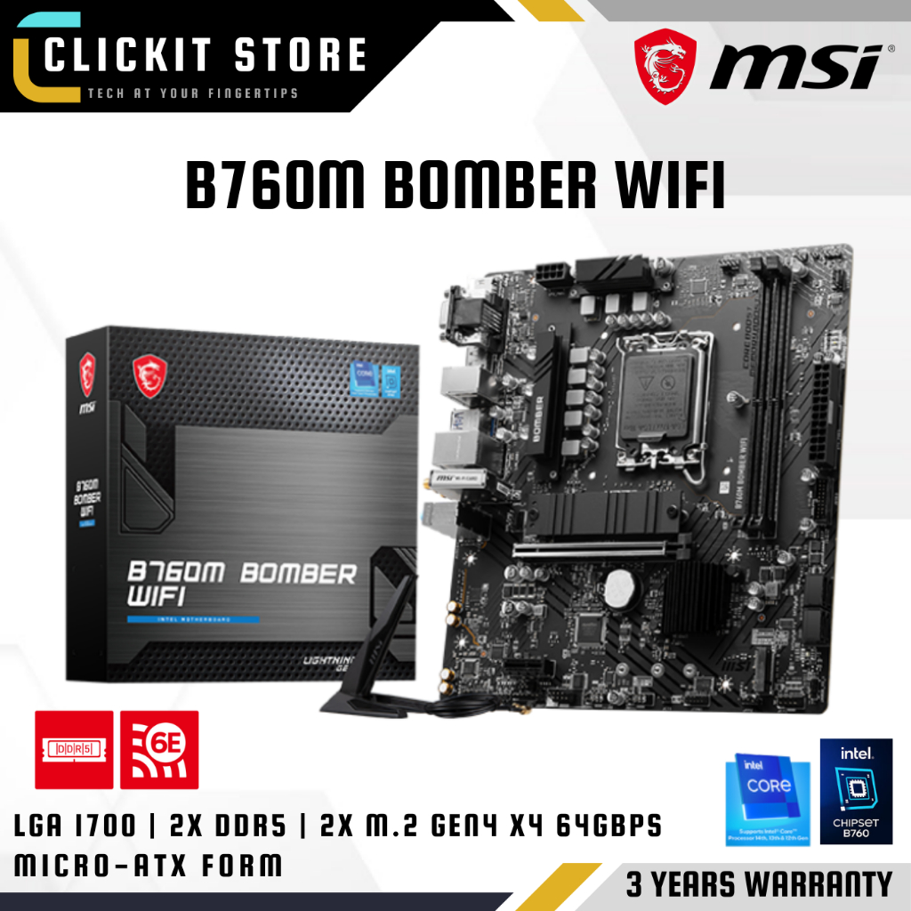 MSI B760M BOMBER WIFI DDR5 MATX Motherboad | LGA1700, 2x DDR5, 2 x M.2 PCIe 4.0